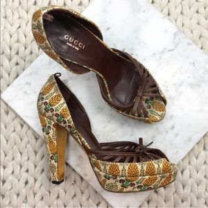 Gucci Pineapple Print Platform Sandal Heels